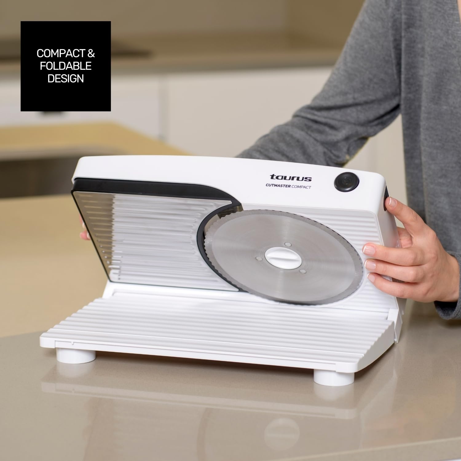 Taurus - Cortafiambres PLEGABLE | Cuchilla Acero INOX Ø17 cm | Corte preciso 1-15mm | Compacto | Fácil limpieza | Protección dedos | Cortador fiambres eléctrico con disco extraíble | Grosor regulable