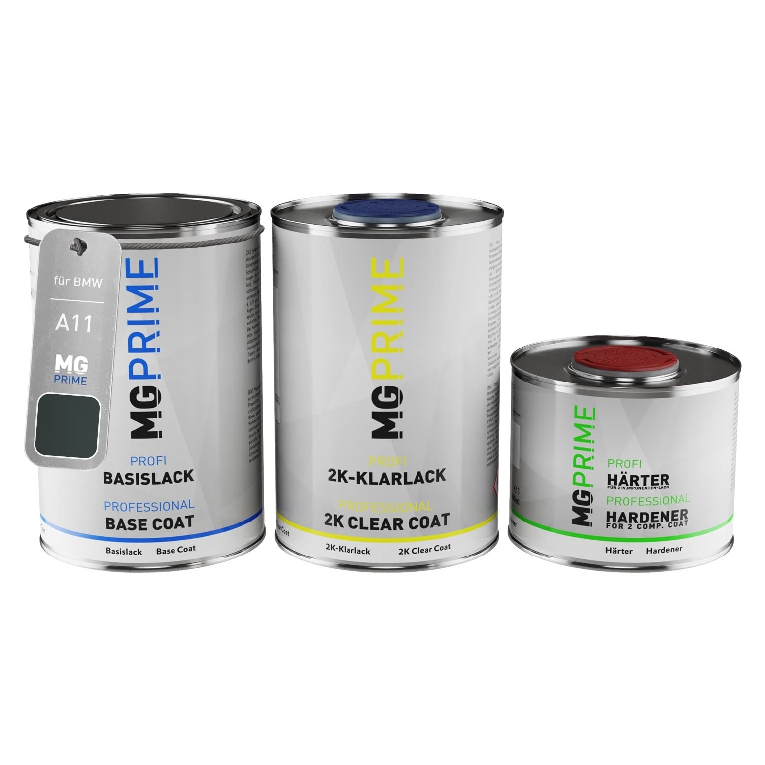 MG PRIME Peinture voiture kit de pot pour BMW A11 Highlandgrün Metallic/Highland Green Metallic couche de base vernis 2C durcisseur prêt à pulvériser 2,5l