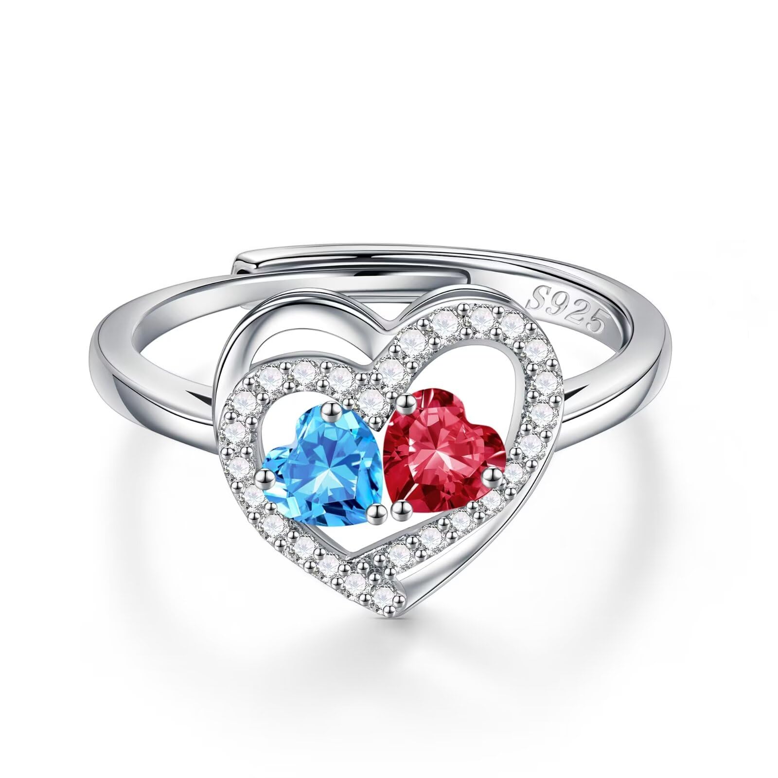 Iefil Adjustable Ring for Women - 925 Sterling Silver Double Birthstone Rings, Anniversary Birthday Gifts for Women Wife Her