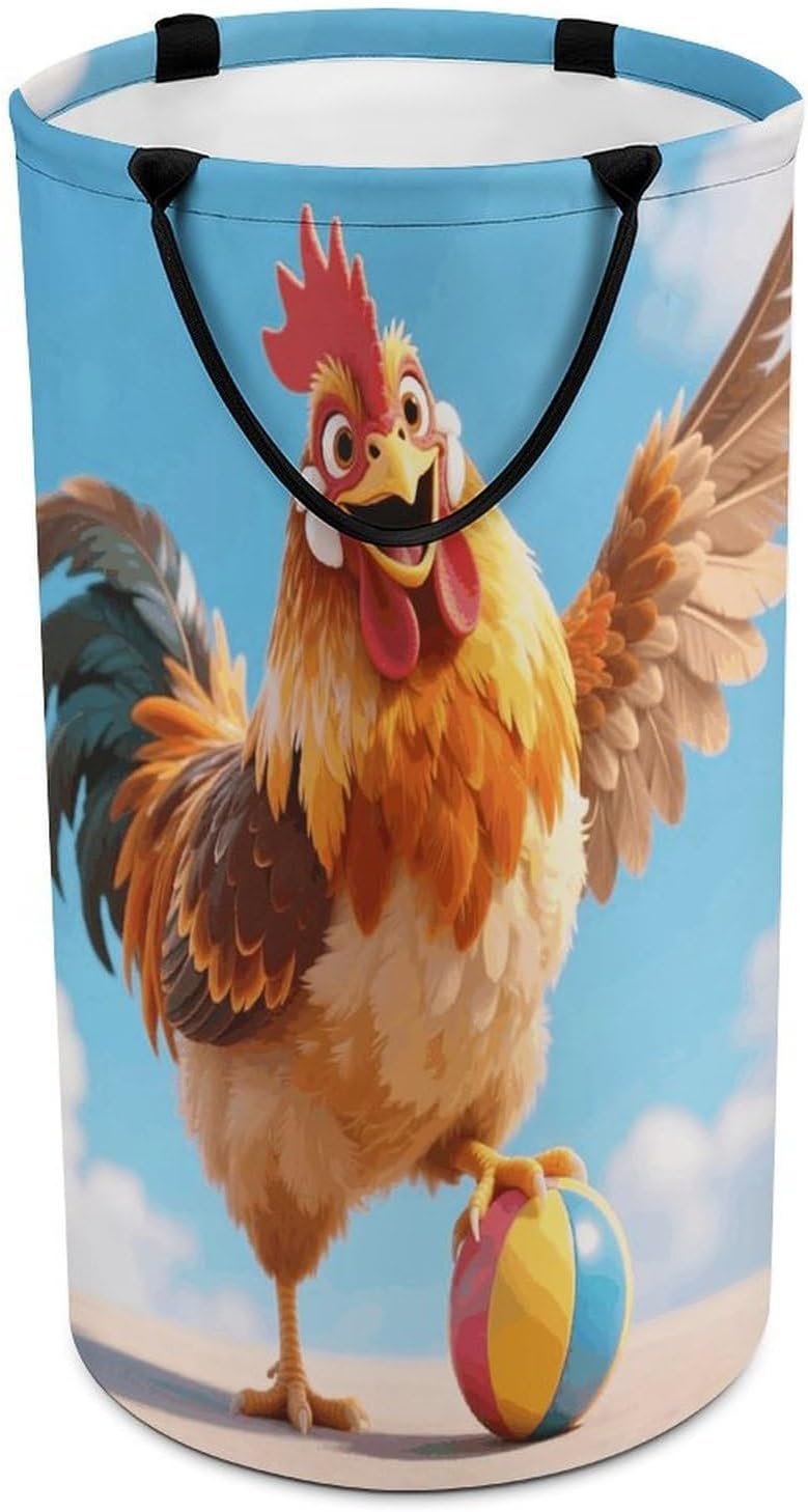Funny Rooster Chicken Laundry Hamper with Handles Waterproof Collapsible Laundry Basket Large Lightweight Round Dirty Clothes Hamper for Home Dorm Bathroom Decor