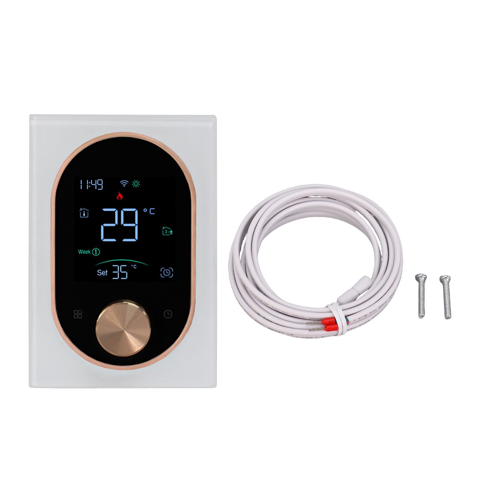 Inteligentny termostat pokojowy WiFi regulator temperatury do sterowania ogrzewaniem elektrycznym za pomocą pokrętła z ekranem dotykowym (Bianco)