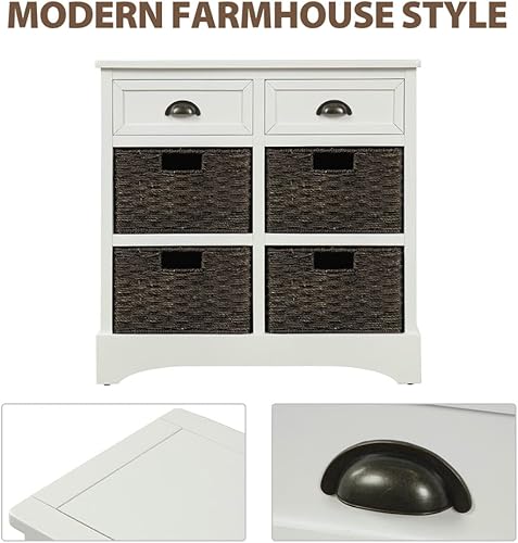 Miniatura 32 de Armario de almacenamiento rústico con dos cajones y cuatro cestas clásicas de ratán, mesa de consola de entrada de granja, mesa de sofá para sala de
