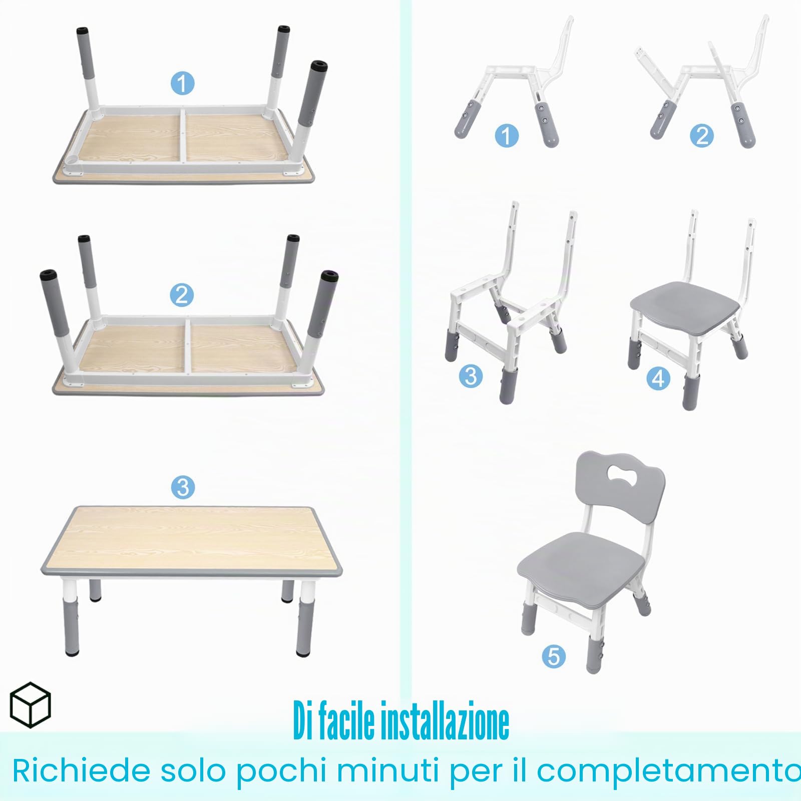 ACXIN Tavolo per bambini con 4 sedie, in plastica, per bambini, regolabile in altezza, per cameretta dei bambini, colore grigio