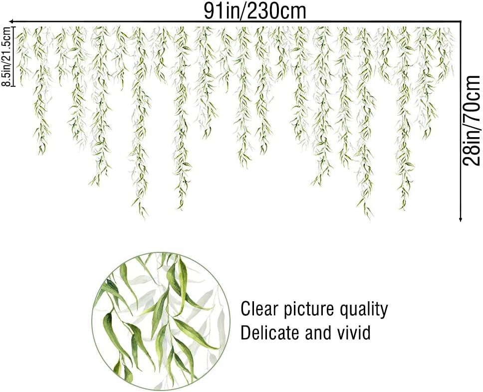 4 Sheets Hanging Willow Leaf Wall Decals Green Plants Wicker Wall Sticker DIY Removable Lifelike Willows Vine Wall Mural for Bedroom Kitchen Classroom Nursery Offices Closet Ceiling Home Decor