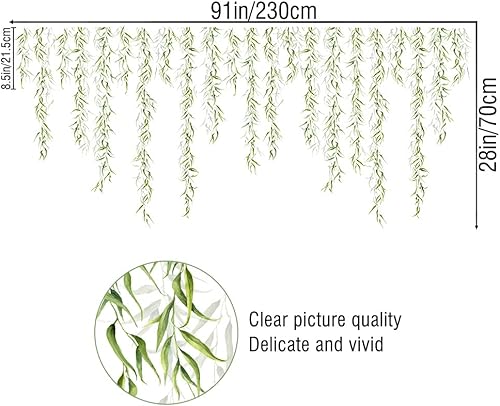 Miniatura 7 de 4 hojas colgantes de hojas de sauce, calcomanías de pared de mimbre con plantas verdes, calcomanías de pared de mimbre removibles realistas para