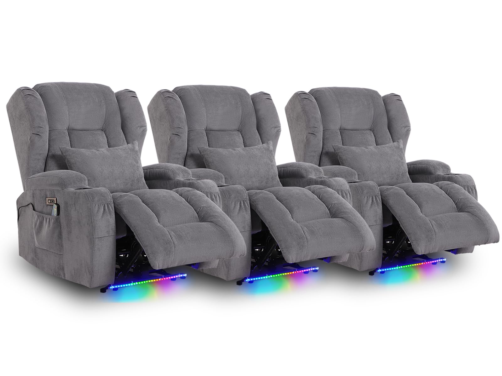 IPKIG Power Electric Recliner Chair Set of 3 with Massage, Heat & LED Lights - Game Movie Home Theater Seating Recliner Chairs for Adults, Side Pocket