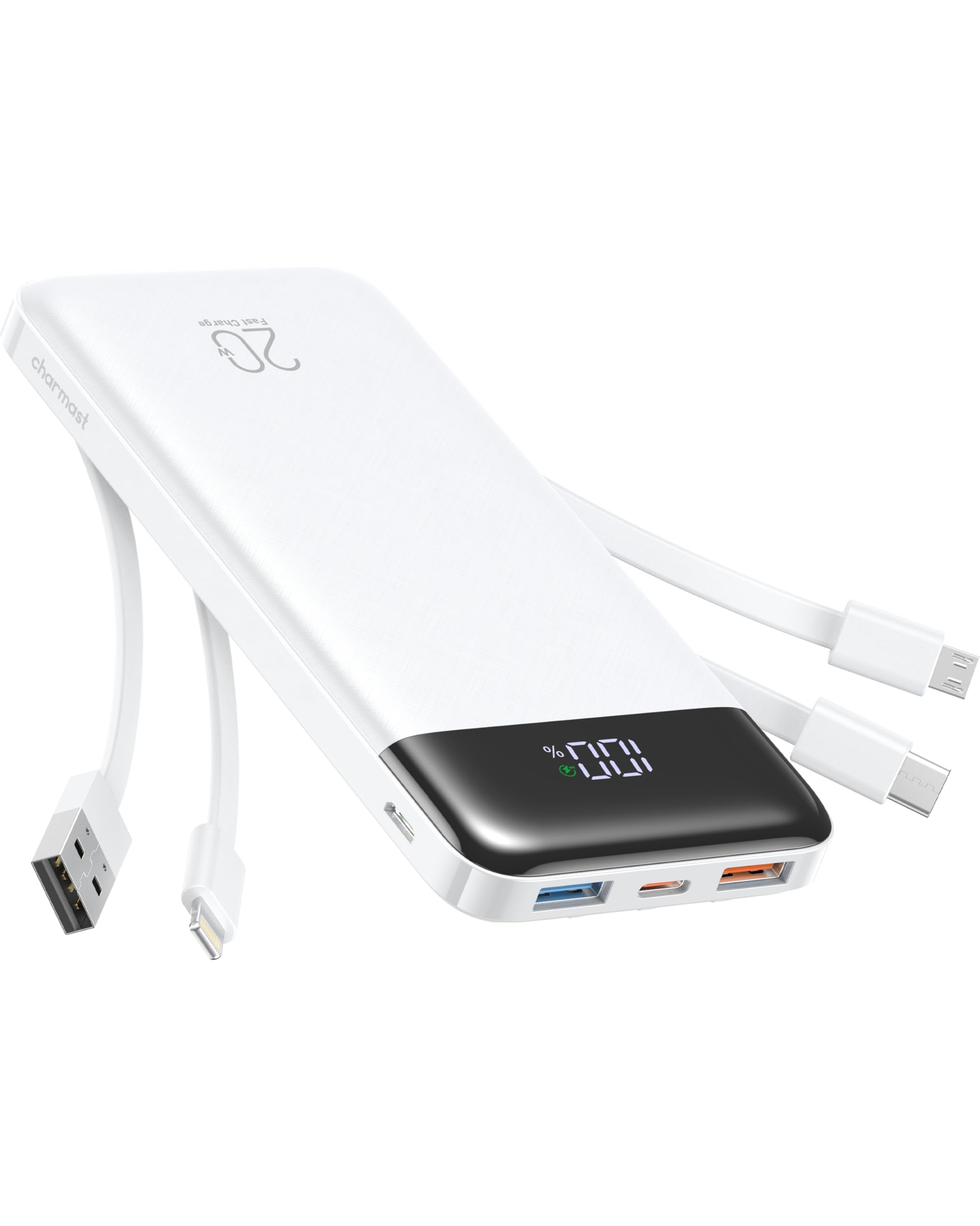 Charmast Power Bank, 22,5W Powerbank 20000mAh mit 4 Kabel und LED-Display, USB C PD3.0 QC4.0 Externe Handyakkus mit 6 Ausgängen Kompatibel mit iPhone 17 16 15 14 13 12 11 Pro Max Samsung Tablet (weiß)