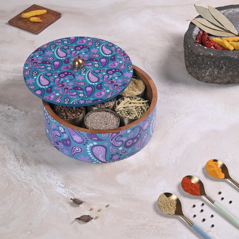 Image of Wooden Masala Box for Kitchen - 7 Stainless Steel Jars with Wooden Spoon | Stainless Steel Brass Lid with Knob | Multipurpose Dry Fruit & Spice Storage - Purple (Printed)