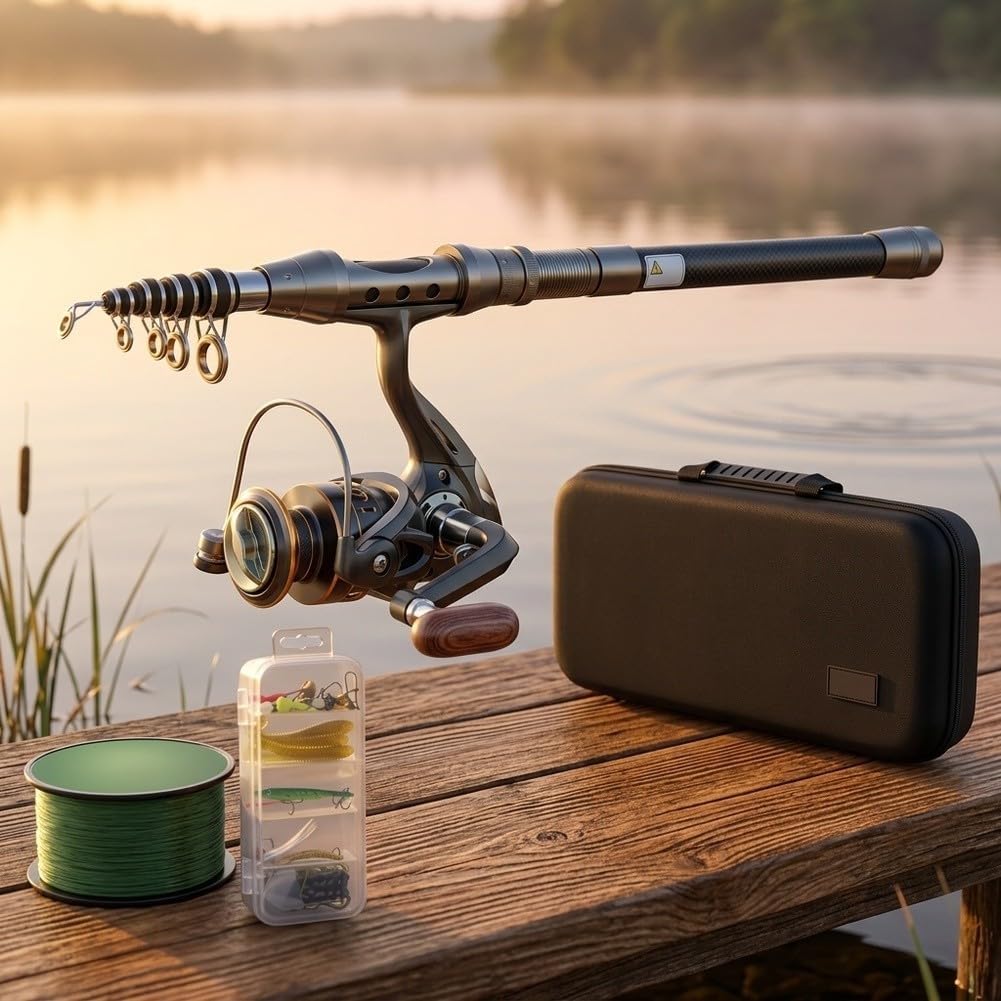 Canna da pesca e mulinello con scatola per attrezzatura da pesca, set in fibra di carbonio per acqua dolce e salata, 1,5 m, nero e argento (set di canne da pesca da 1,5 m)