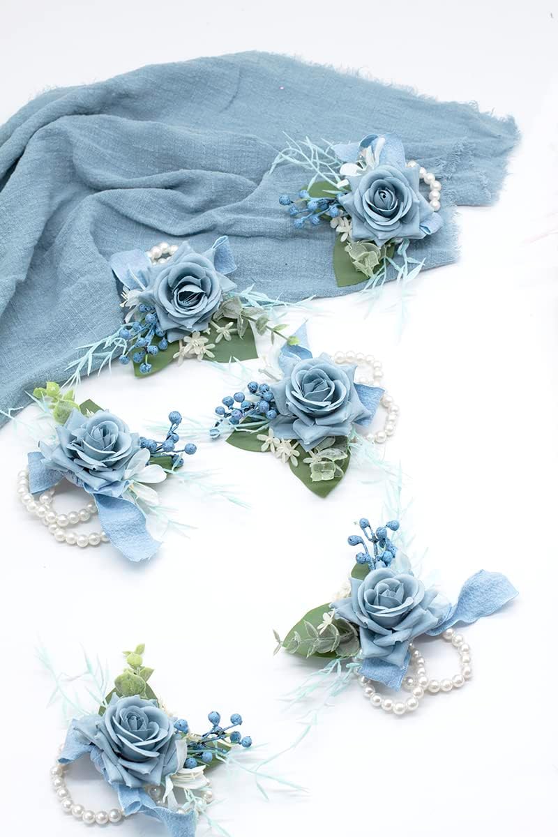 Ansofi Dusty Blue Wrist Corsage Set of 6 for Wedding Prom Party, Artificial Flower Wrist Corsage Bracelets, Homecoming Corsage Wristlet, Corsage Flowers for Bride, Bridesmaid, Girl