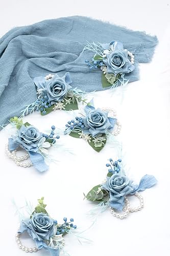 Miniatura 5 de Ansofi Juego de 6 ramilletes de muñeca azul polvoriento, para boda, fiesta de graduación, pulseras de ramillete de flores artificiales, pulsera de