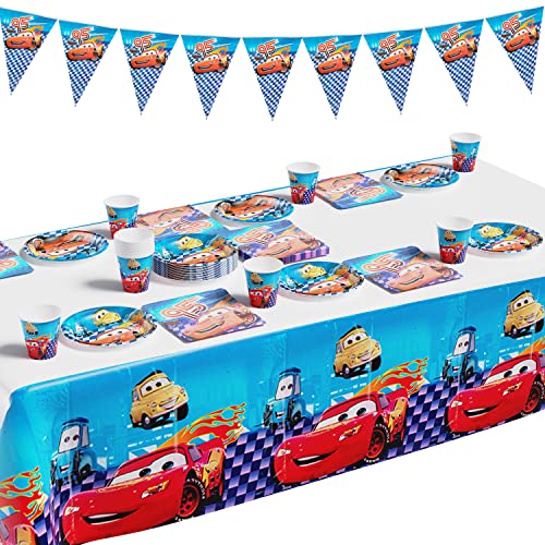 Cars Geburtstag Party Set 62 pcs, Lightning McQueen Geschirr Dekoration, mcqueen tischdecke, McQueen Teller, Becher, Papierserviette, Tischdeko für Kindergeburtstage, Geburtstagsfeier Dekoration Cover