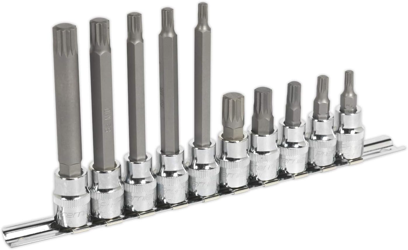 Sealey AK6216 10 Piece 3/8-inch Sq Drive Spline Socket Bit Set, Silver