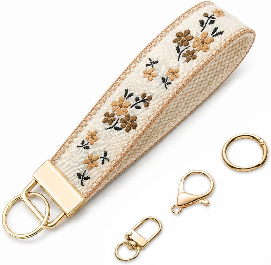 Wristlet Keychain for Women, Floral Embroidered Fabric Key Wristlet with 3 Detachable Metal Accessories