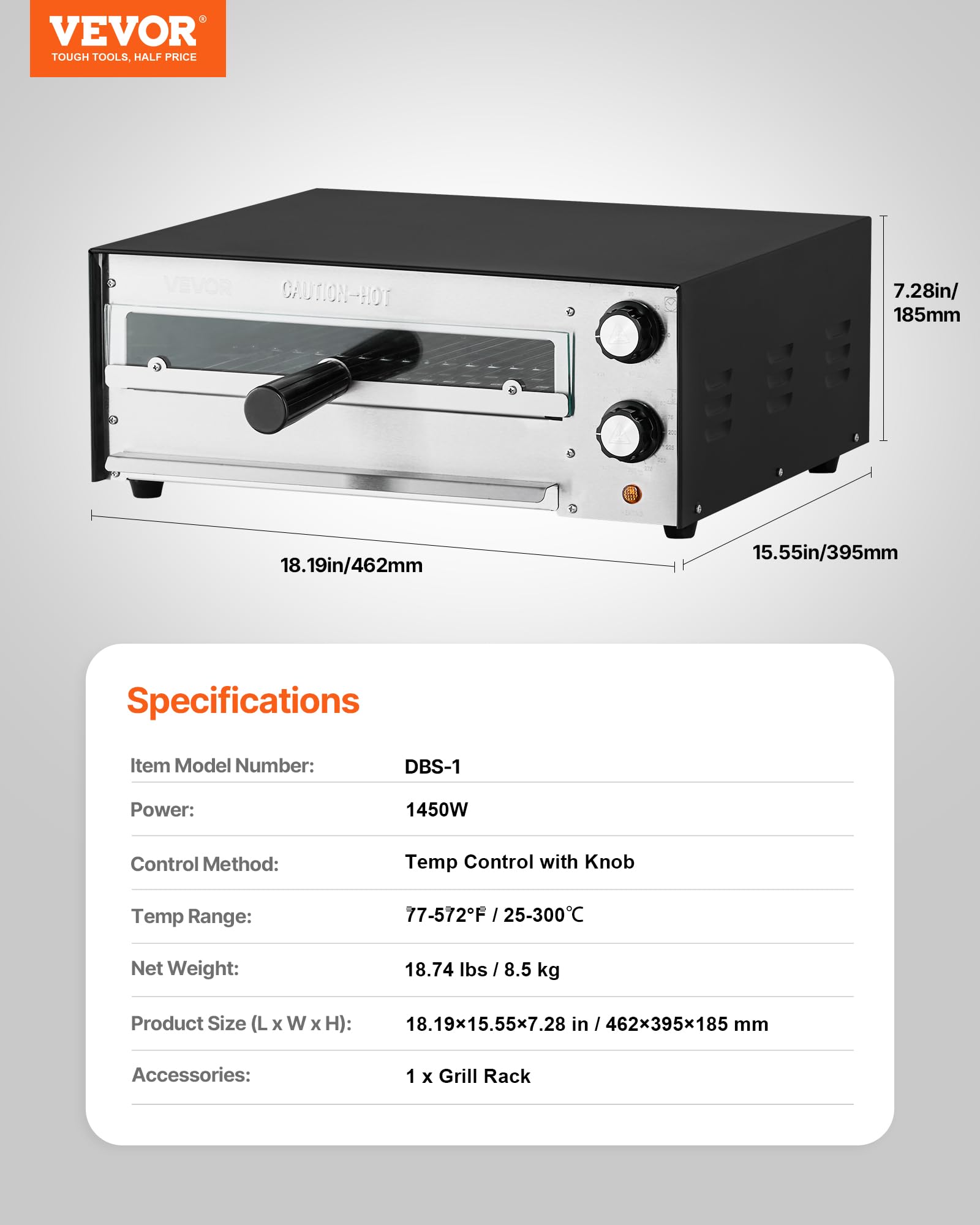 VEVOR elektrischer Pizzaofen für 305 mm Pizza 1450 W Pizzabackofen bis 300 °C, Pizzamaker mit Zeit- und Temperaturregelung, Pizzabackmaschine Pizzamaschine multifunktional Grillofen Schwarz