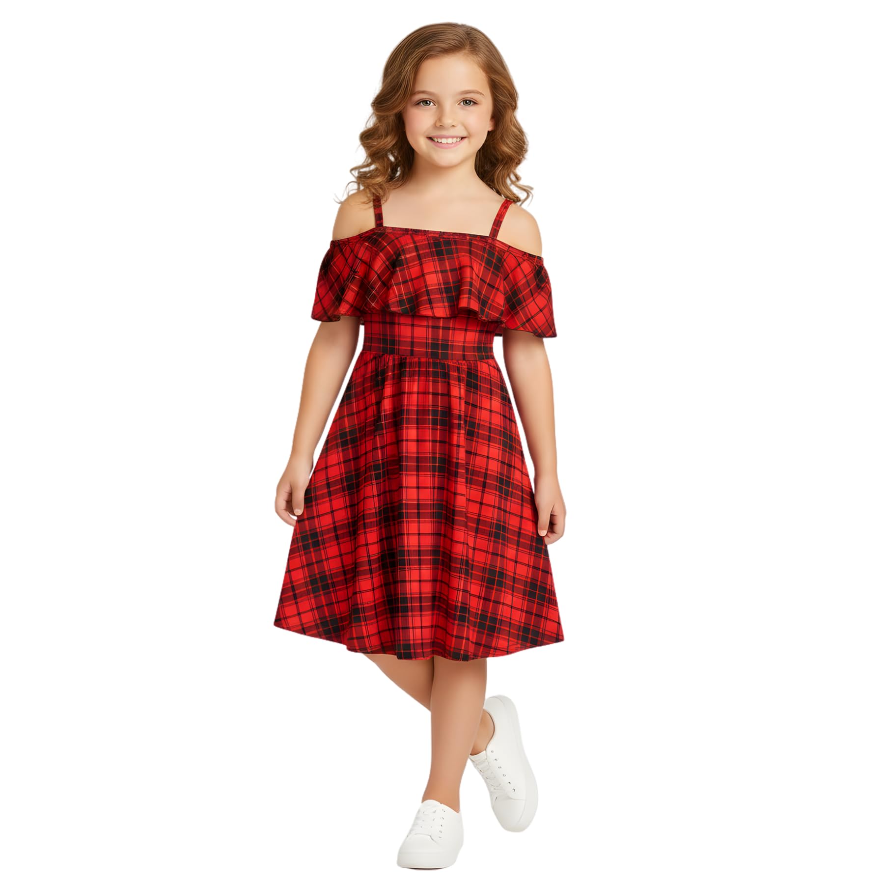 A2Z 4 Kids Girls Skater Dress - Off Shoulder Dress Tartan Red 7-8