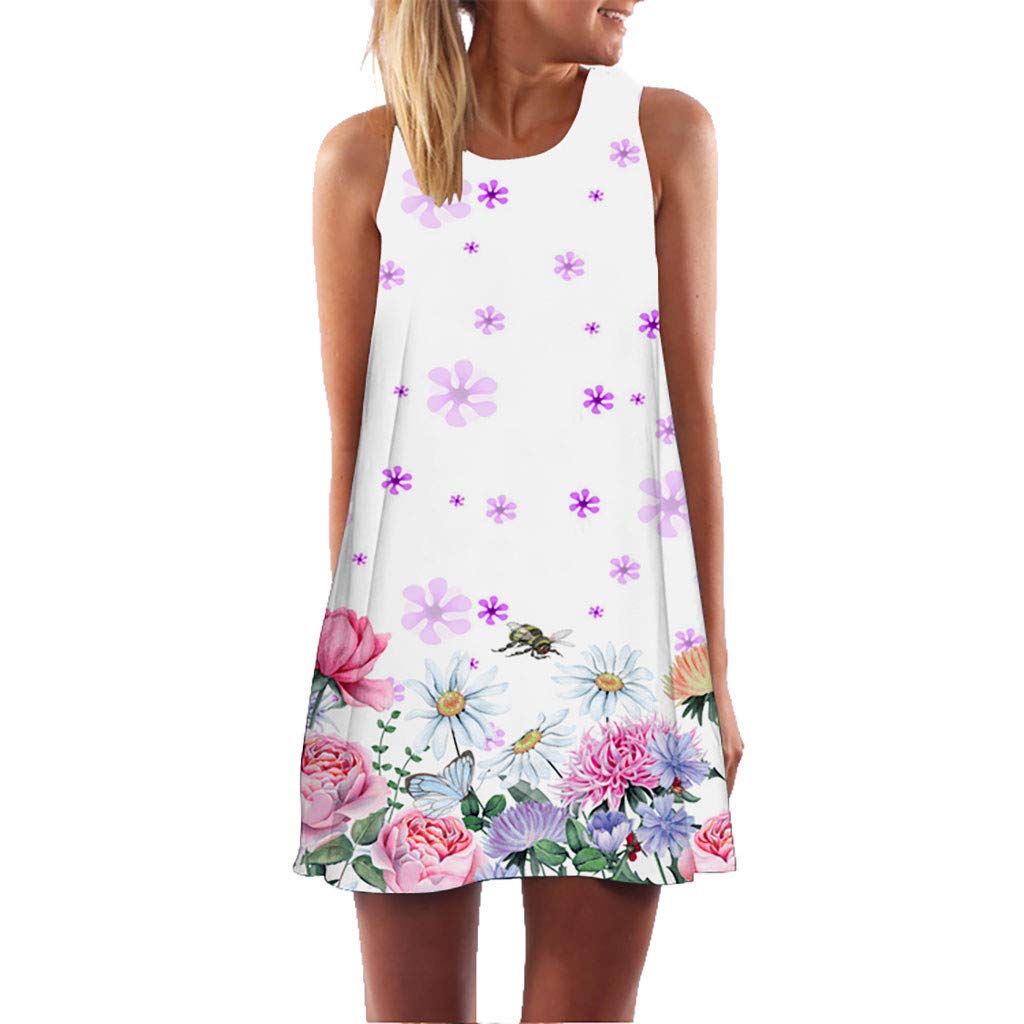 Toamen Women's Vintage 3D Floral Print Sleeveless Tank Mini A-Line Sundress
