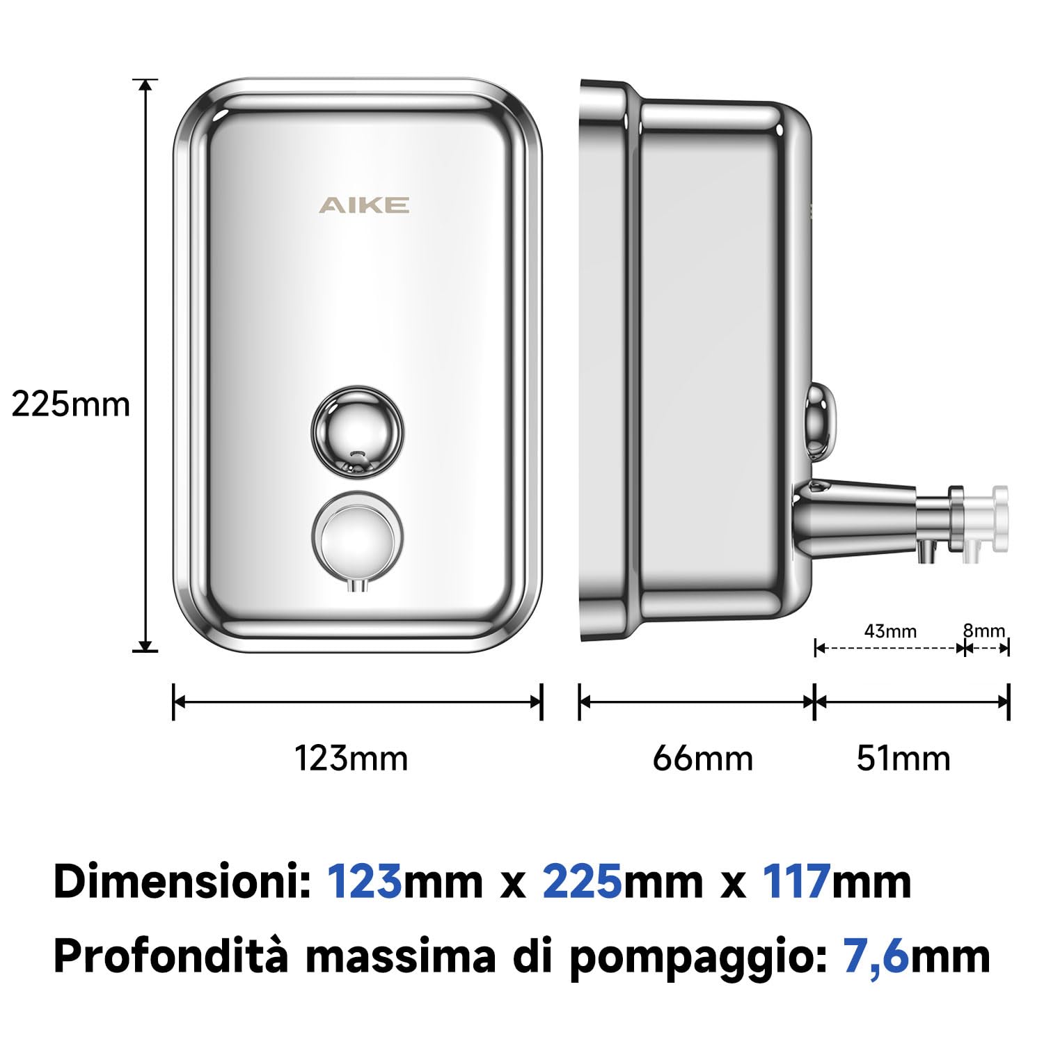 AIKE Dispensatore di Sapone Liquido Commerciale a Parete Manuale, in Acciaio Inossidabile Lucido da 1000 ml, AK1001 (Lucido)