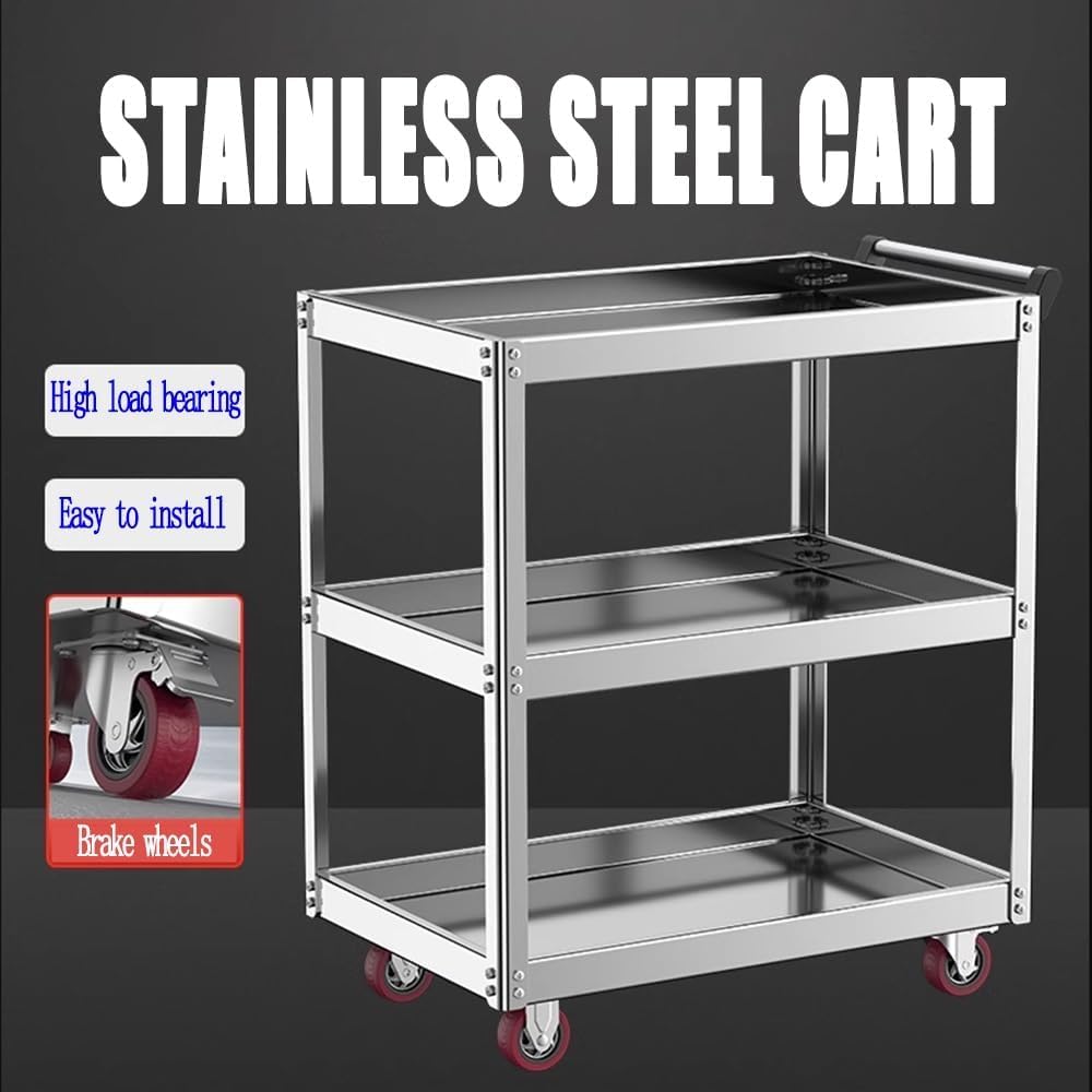 Carrello multiuso a 3 ripiani in acciaio inox con grande vassoio e ruote di bloccaggio, capacità di 300 kg per cucina, officina, magazzino