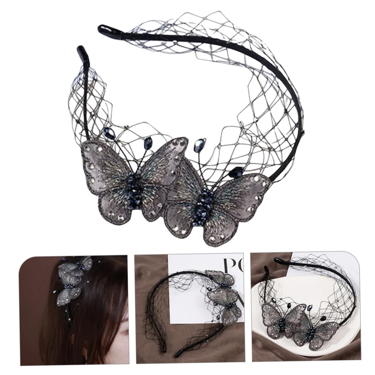 FRCOLOR 3 Piezas Diadema Con Bordada Chicas Diademas Para Cabello De Mujer Lazo Para El Pelo Con Diamantes De Imitación Diadema De Velo Tiara De Las Mujeres Pelo Lacio Venda Malla