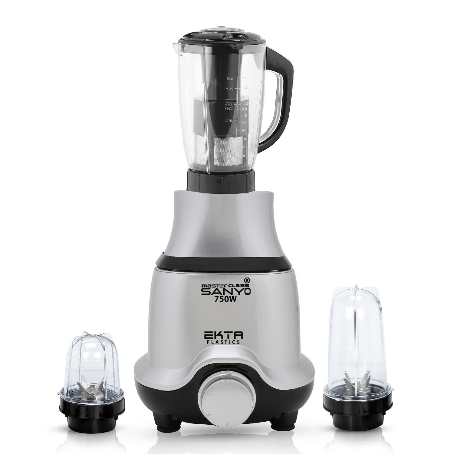 MasterClass Sanyo 750-watts Mixer Grinder with 3 Jars (1 Juicer Jar and 2 Bullet Jars) EPMG35, Color Silver