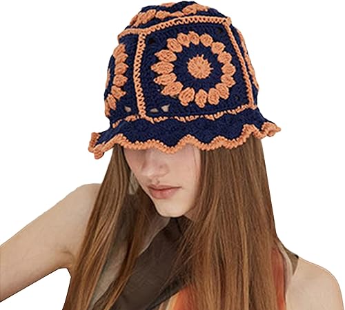 Sombrero de cubo de ganchillo de punto para mujer, hecho a mano, diseño floral, sombrero de ala ancha para pesca al sol