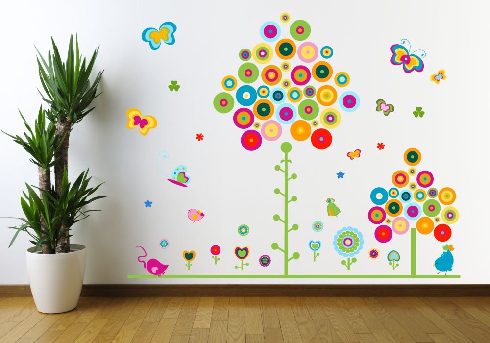 Nikima 083 - Adesivo da parete per cameretta dei bambini, motivo alberi colorati, farfalle, in 3 misure, simpatici adesivi e adesivi per la cameretta dei bambini, 1500 x 1200 mm
