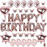 CHANGZHONG Geburtstagsdeko Rose Happy Birthday Girlande Ballons 3D Schmetterlinge Wanddeko, Rosegold Geburtstag Deko Set für Mädchen Jungen Frauen Männer Party Geburtstag