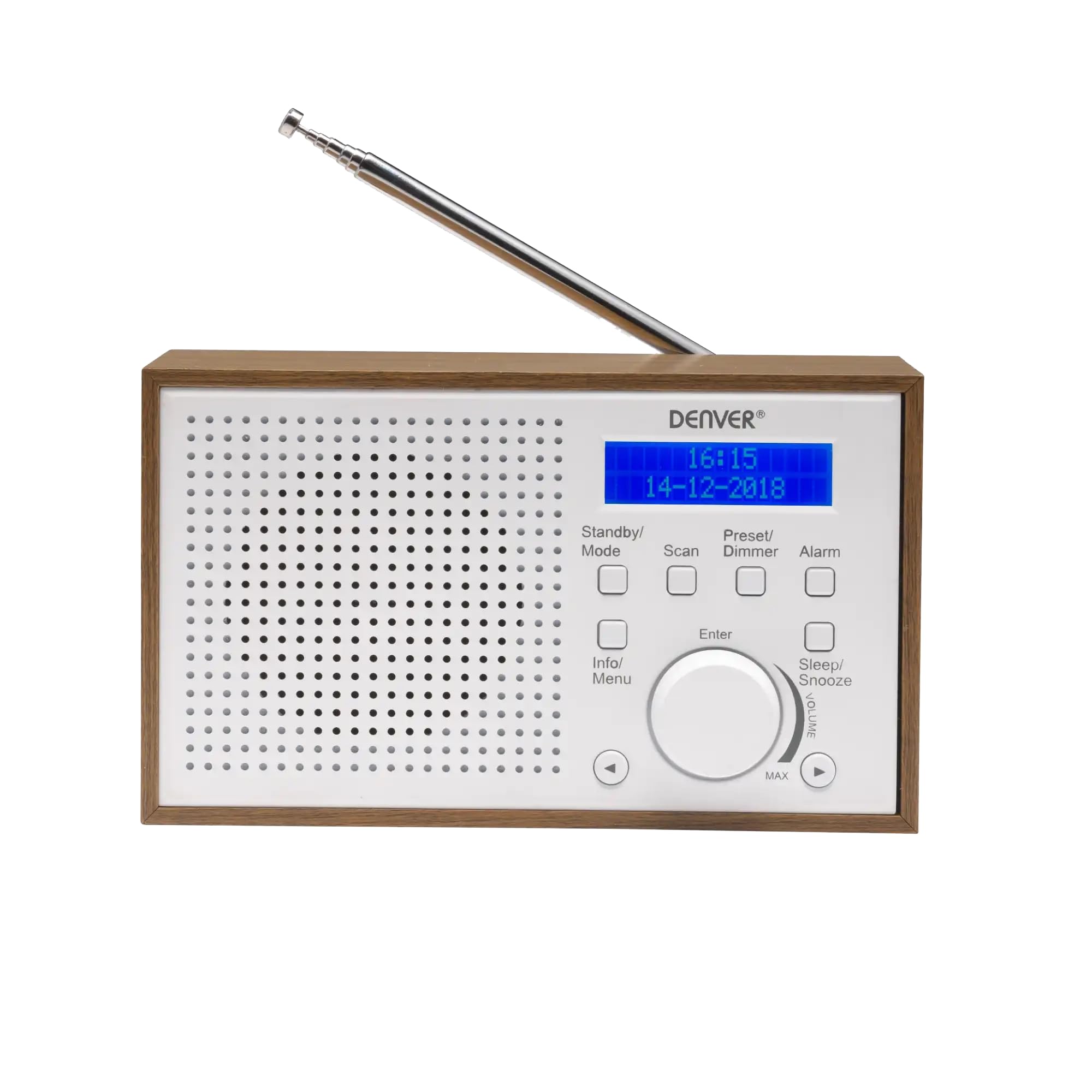 DENVER DAB-46WHITE Radio Digitale DAB+ e FM con Orologio e Sveglia, Funziona con Batteria e Corrente, Uscita Audio da 2 W, Finitura Legno, Bianco