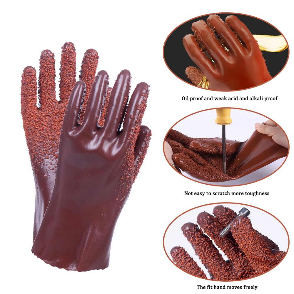 3 pares de guantes de alcantarillado resistentes | Guantes de trabajo con revestimiento de PVC resistentes a la abrasión para limpieza de desagües y fontanería, aceite y resistentes