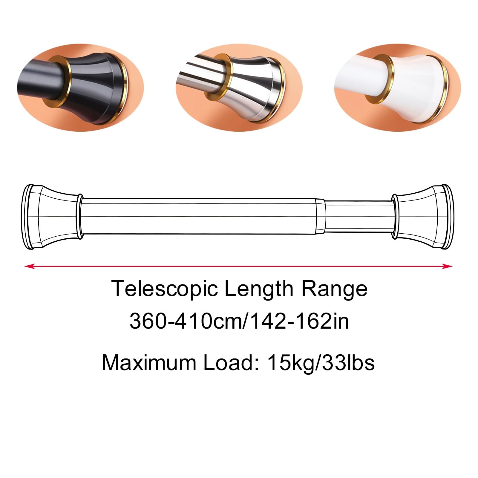 Klemmstange Duschvorhang mit Ringen, 70–410 cm, Ohne Bohren
