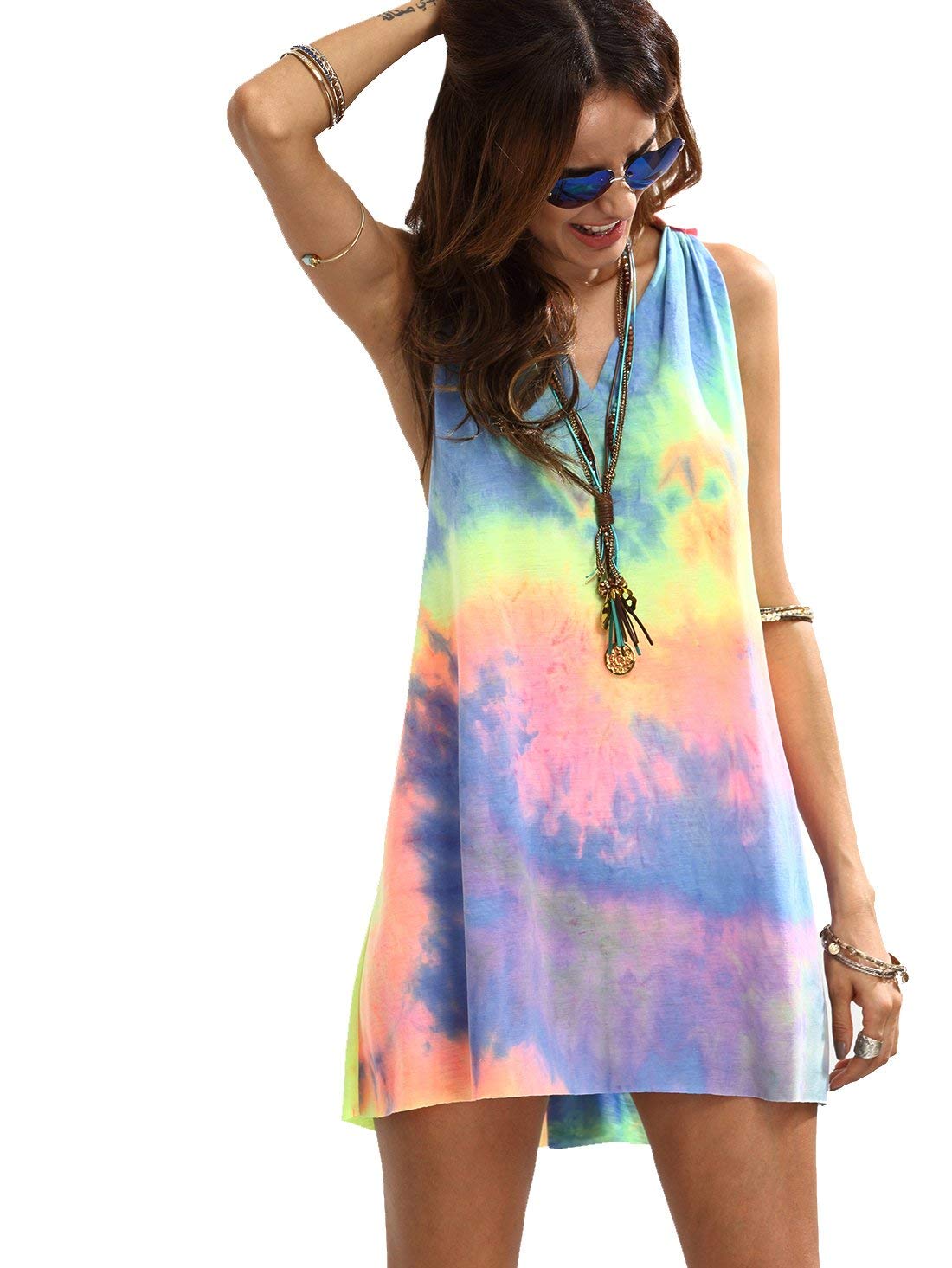 Romwe Women's Sleeveless V Neck Tie Dye Tunic Tops Casual Swing Tee Shirt Dress Multicolored S