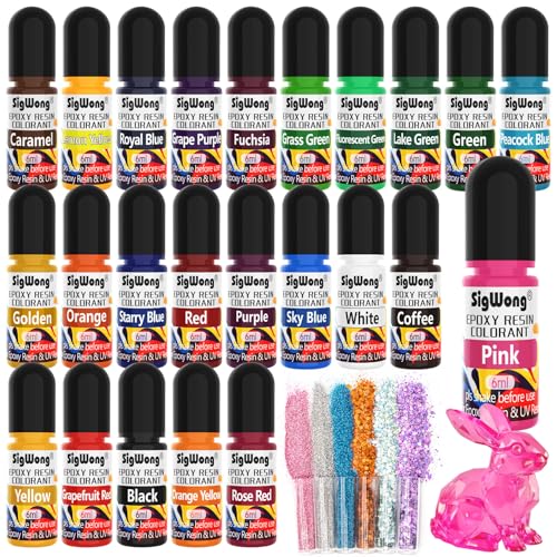 SigWong Epoxy Resin Color Pigment – 24 Colors Liquid Epoxy Dye Set with 6 Glitters, Highly Concentrated, Non-Toxic Resin Pigment for Art, Jewelry Making &...