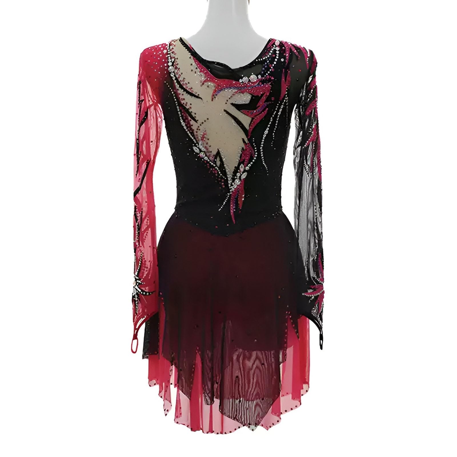 Women's Long Sleeves Figure Skating Dress, Girl's Breathable High Elasticity Competition Ice Skating Dress(XXXS) Black