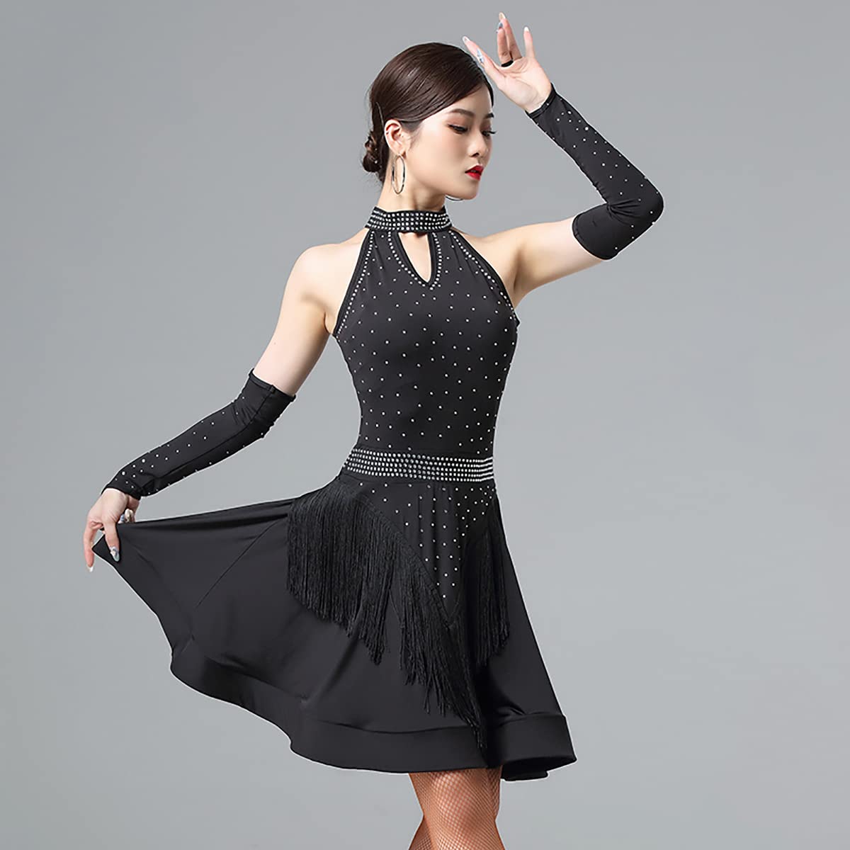Abiti da Ballo Latino Senza Maniche A Collo Alto da Donna Abito da Concorso Latino Ballroom Salsa Samba Cha Cha Gonna Altalena Flamenco Dress Vestito di Performance