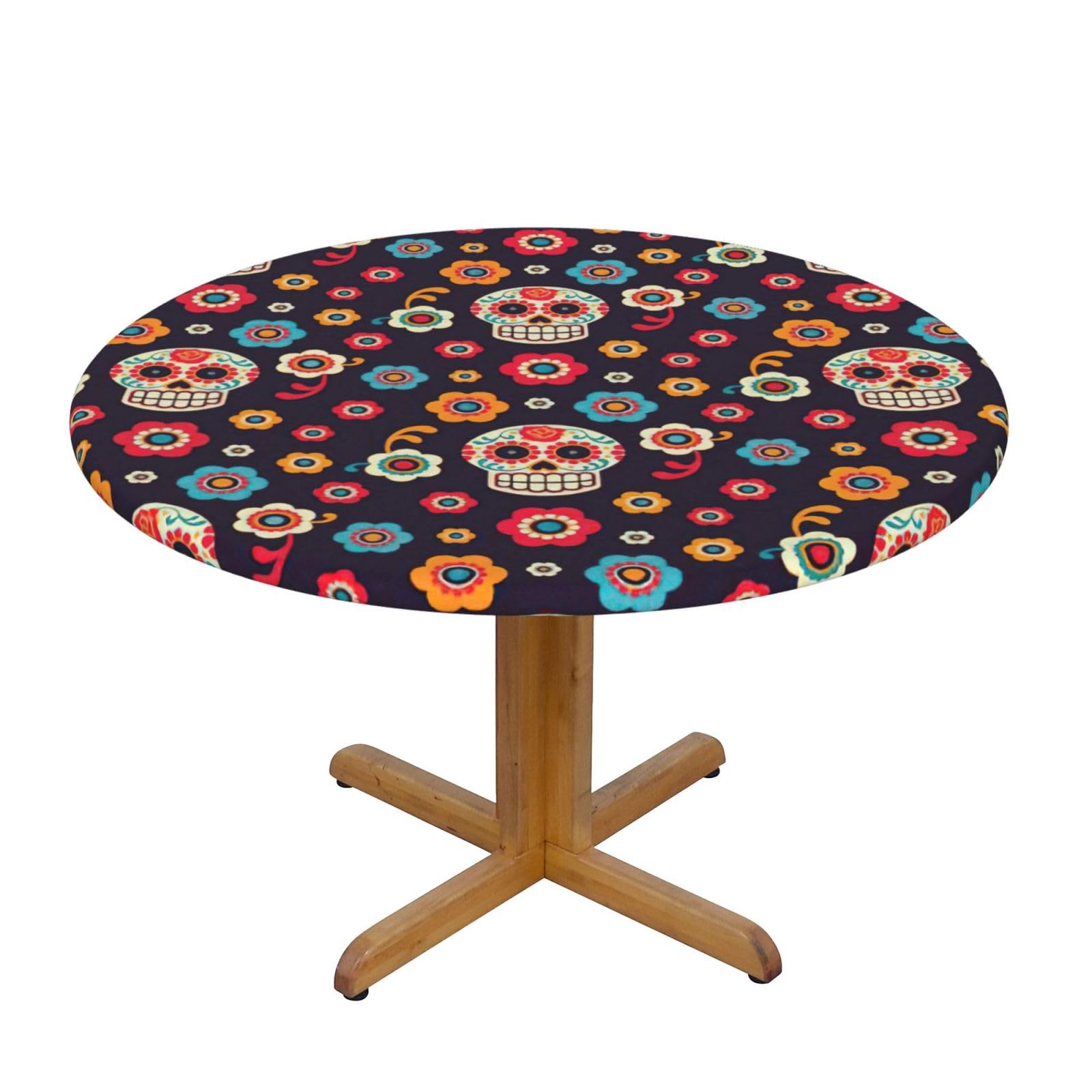 DUWAA Mexican Skull Print Oxford Fitted Table Cover For Patio Picnic, Waterproof Round Tablecloth For Home And Outdoor