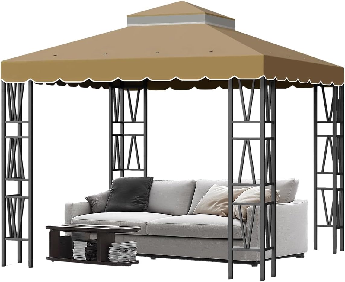 10x10 FT Gazebo Cover Canopy Replacement Top, Double Tiered Top Canopy Cover with Air Vent for Yard, Patio & Garden - Waterproof, UV-Resistant 420D Oxford Fabric(Brown)