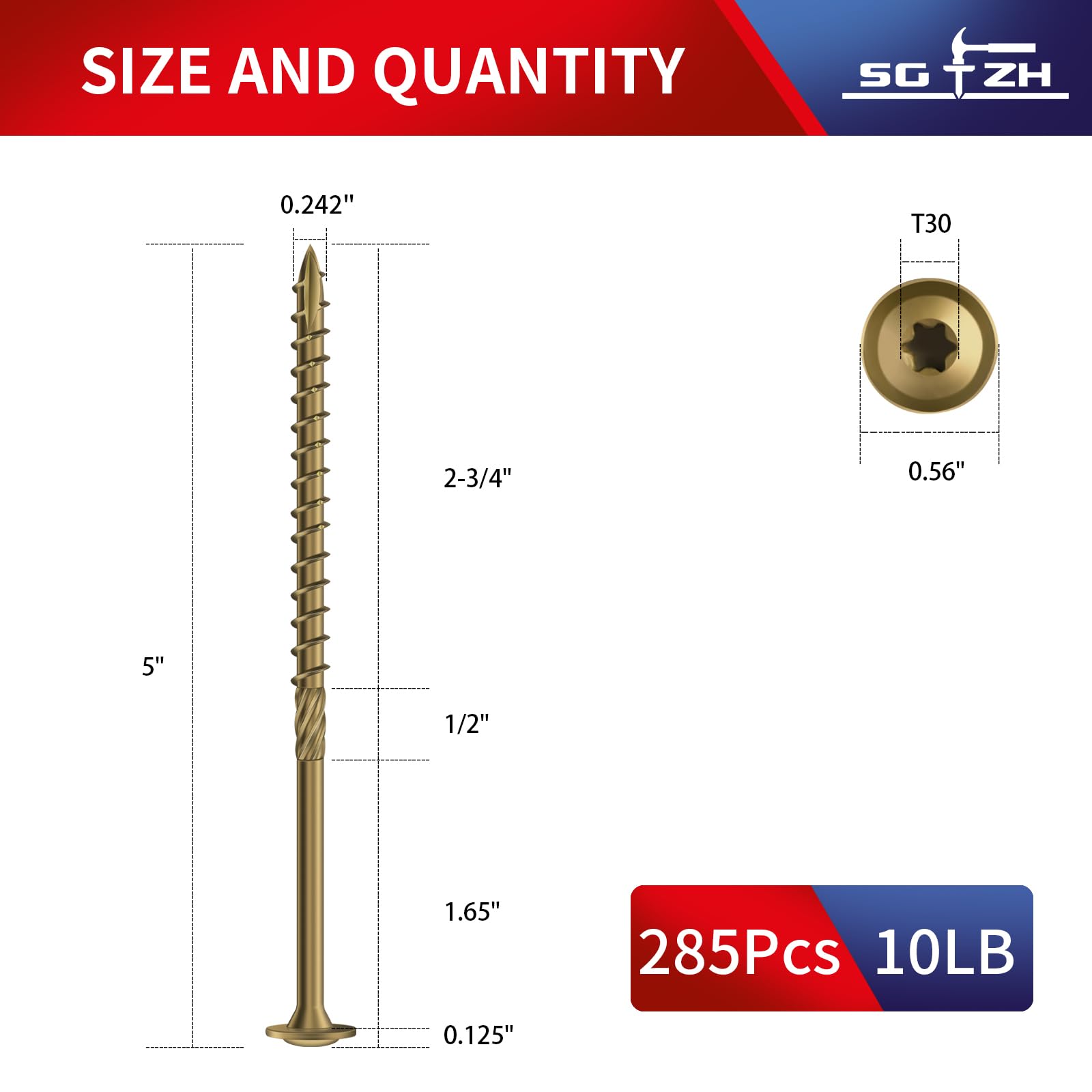 Tornillos de retraso #14 x 5 pulgadas (285 piezas) Tornillo de madera estructural de 10 libras, bronce, acero al carbono, cabeza de arandela, revestimiento epoxi resistente a la corrosión