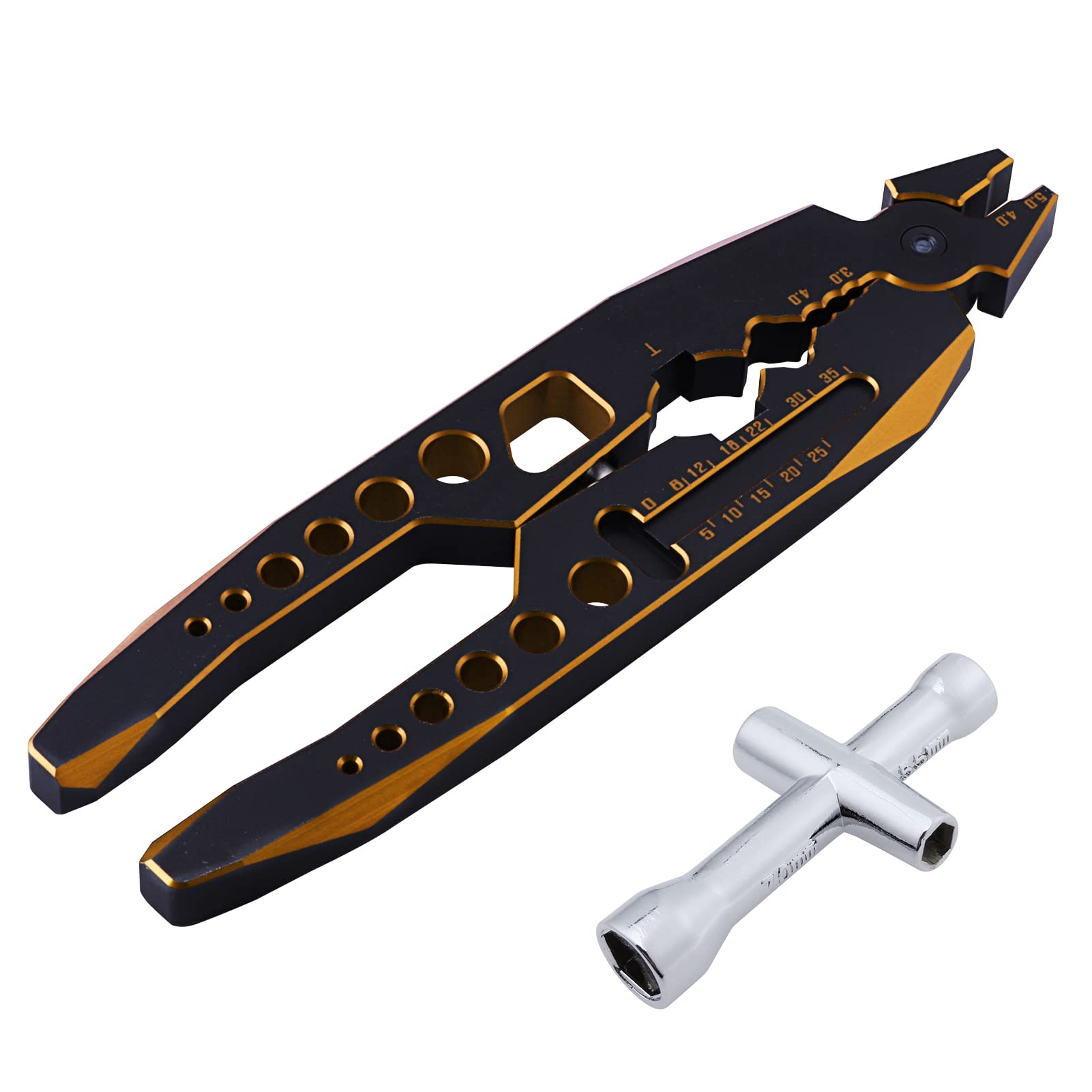 AllinRC Metal Shock Absorber Pliers Rod Ball Clamp Multi-Function RC Tools & Small 4-Way Cross Wrench for RC Models 1/8 1/10 RC Car Crawler Monster Truck (Black Gold)