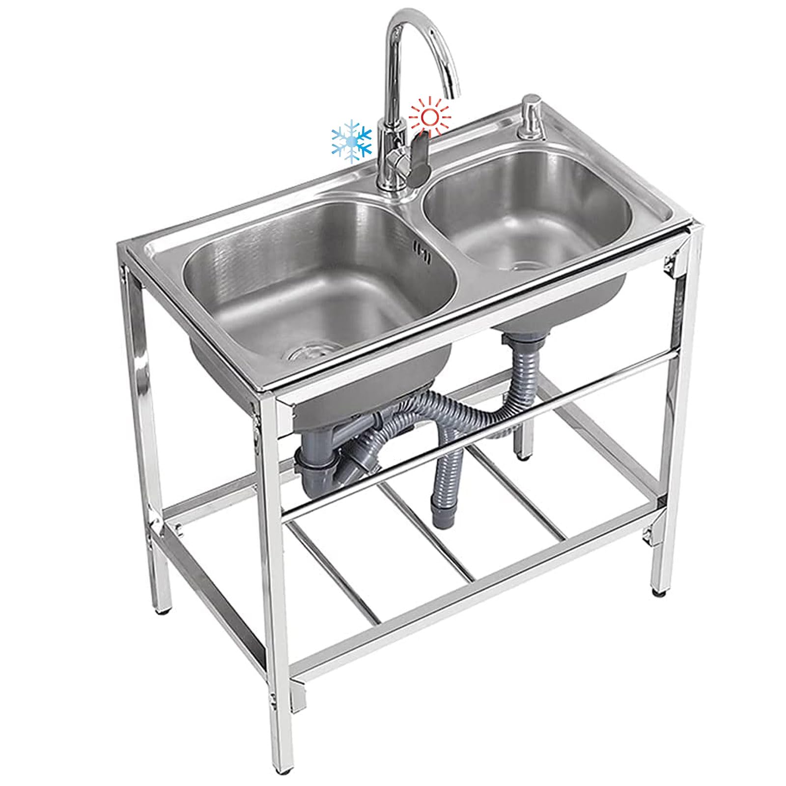 ZQFHSX 2 Compartment Utility Sink Stainless Steel Bar Commercial Restaurant Washing Hand Basin Camping Movable with Workbench & Storage Shelves