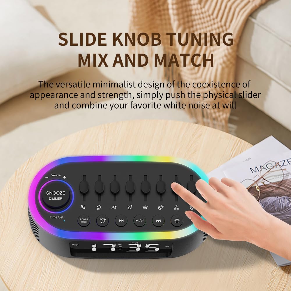 Altavoz Bluetooth de máquina de ruido blanco, reloj despertador digital, temporizador de sueño con pantalla LED, luz nocturna RGB, máquina de sonido natural relajante para dormir, para bebés, niños,