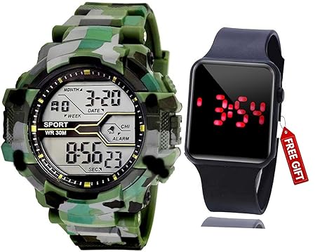 A Digital Watch with Square LED Shockproof Multi-Functional Automatic 3 Color Army Strap Waterproof Digital Sports Watch for Mens Kids Watch for Boys - Watch for Men