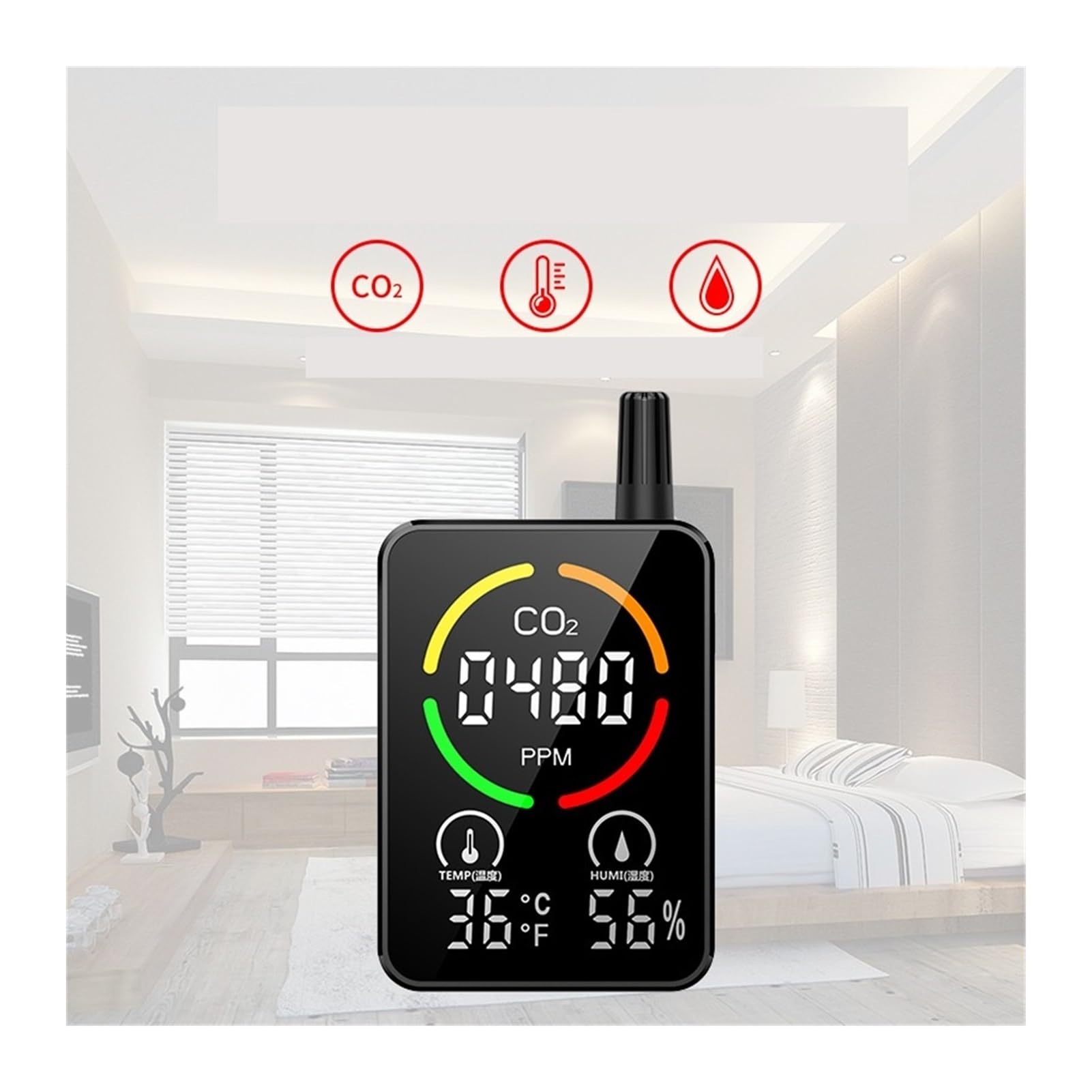 Gasdetektor, Gasdetektor Infrarot-Kohlendioxiddetektor zur Erkennung von Temperatur und Luftfeuchtigkeit CO2-Konzentration Luftqualität für Industrie & Haushalt(Black)