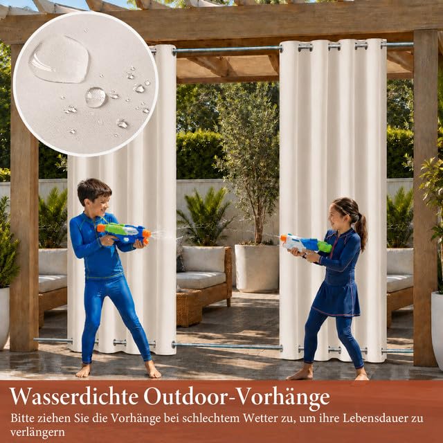 Rosnek 2erOutdoor Vorhang Wetterfest Winddicht, Balkon Gardinen mit Ösen Oben & Unten, Blickdicht Wasserdicht Sonnenschutz Sichtschutz Gardinen für Terrasse,Pergola,Pavillon, H213x B132 cm, Beige