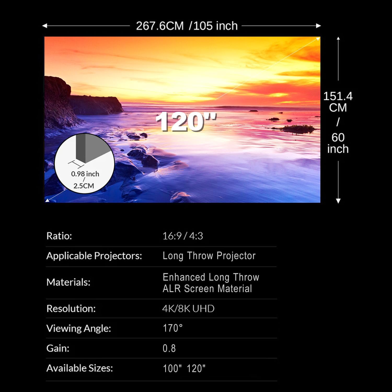 NothingProjector ALR Screen for Long/Standard Throw Projector, 120 inch, 95% Ambient Ceiling Light Rejecting, 4K/8K Ultra HD, Active 3D, Anti Daylight, Fixed Frame Wall Mount Non-UST NothPJ