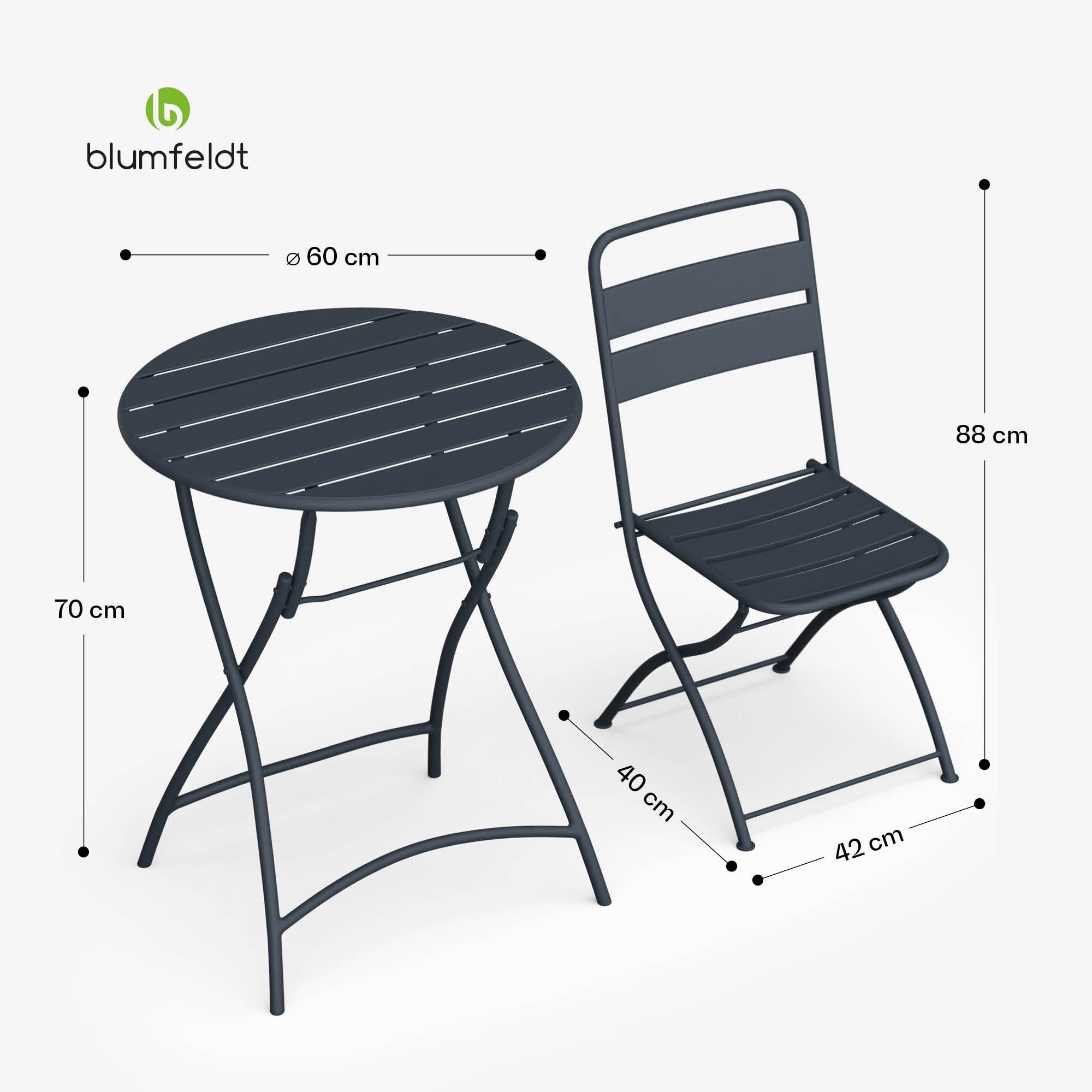 blumfeldt Bistrotisch Mit Stühlen – 60 cm Rund Klappbar, Wetterfester Stahl, Outdoor-Set, Platzsparend, Ideal Für Garten, Balkon, Terrasse, Modernes Design, 2 Stühle Inklusive