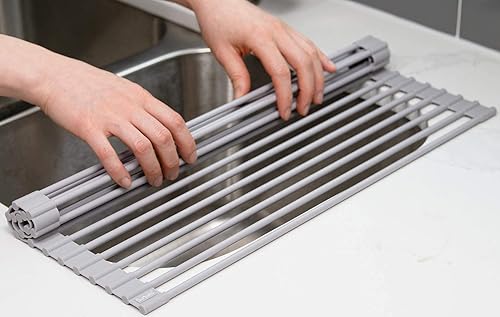 Miniatura 9 de Surpahs Over Sink Foldable Multipurpose Roll-Up Dish Drying Rack, Silicone Wrapped Stainless Steel, Warm Gray, 17.5" x 13.1