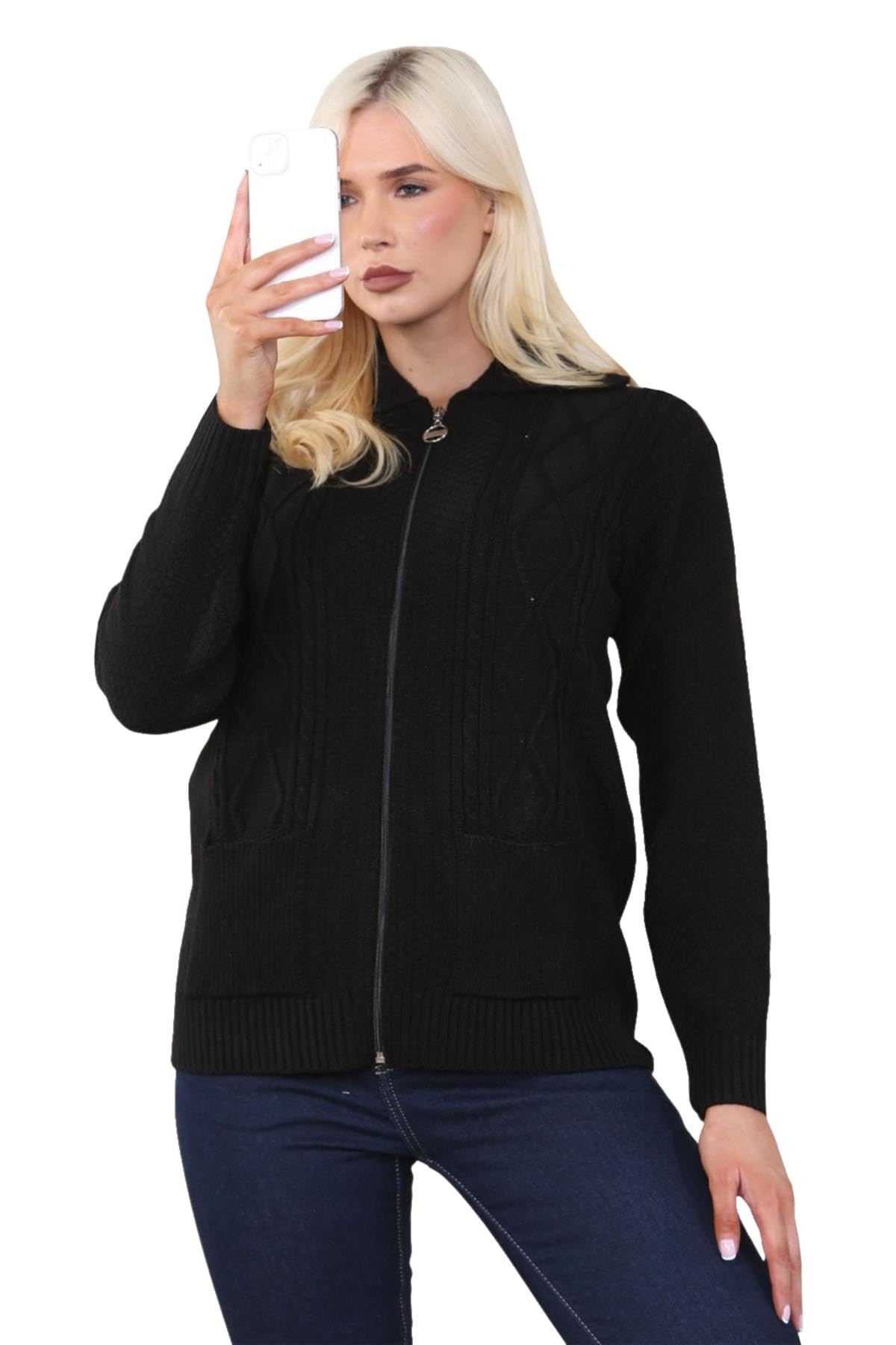Wickedfashions123 Women's Black ’S Cable Knitted Collared Sweater Front Pocketed Cardigan Long Sleeves Winter Wear Zipper Cardigan Classy Knitwear Plus Size Sweater Uk 20-22