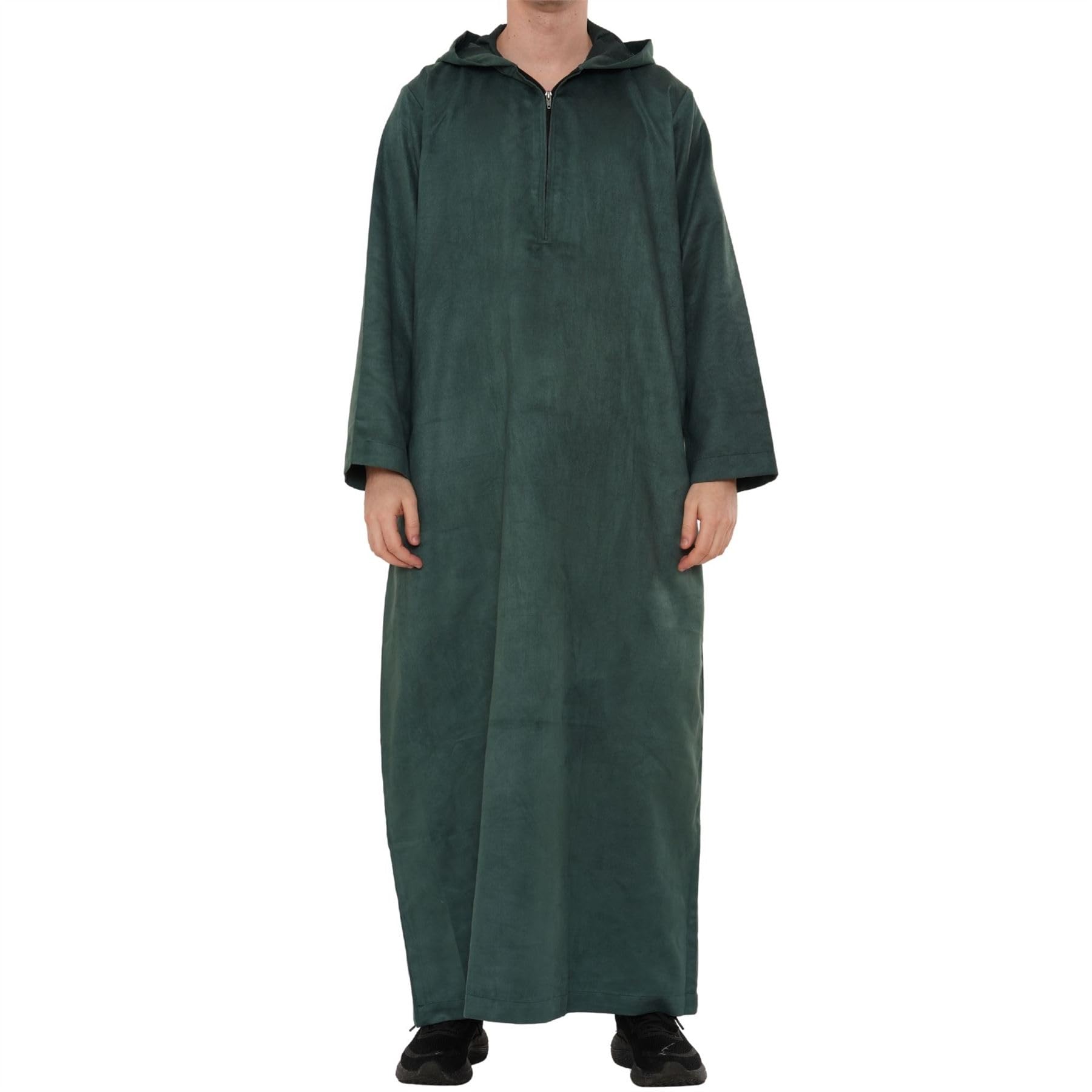 Thobez Men's Hooded Suede Thobe Emirati Omani Zipped Jubba Islamic Clothing Kaftan Eid Robe - Green 54