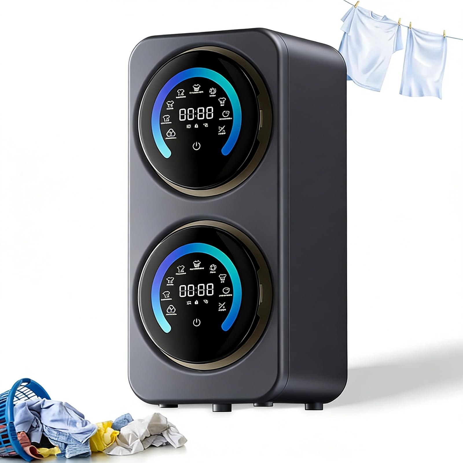 Mini Lavatrice e asciugatrice combinate a Doppio cestello di qualità Professionale: 2 vasche in Acciaio Inossidabile Resistenti da 3,5 Litri, 5 cicli di Lavaggio programmabili Desktop-Silver